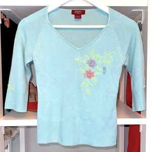Powder Blue Vintage V-neck Sweater with Beaded Flowers 3/4 sleeves